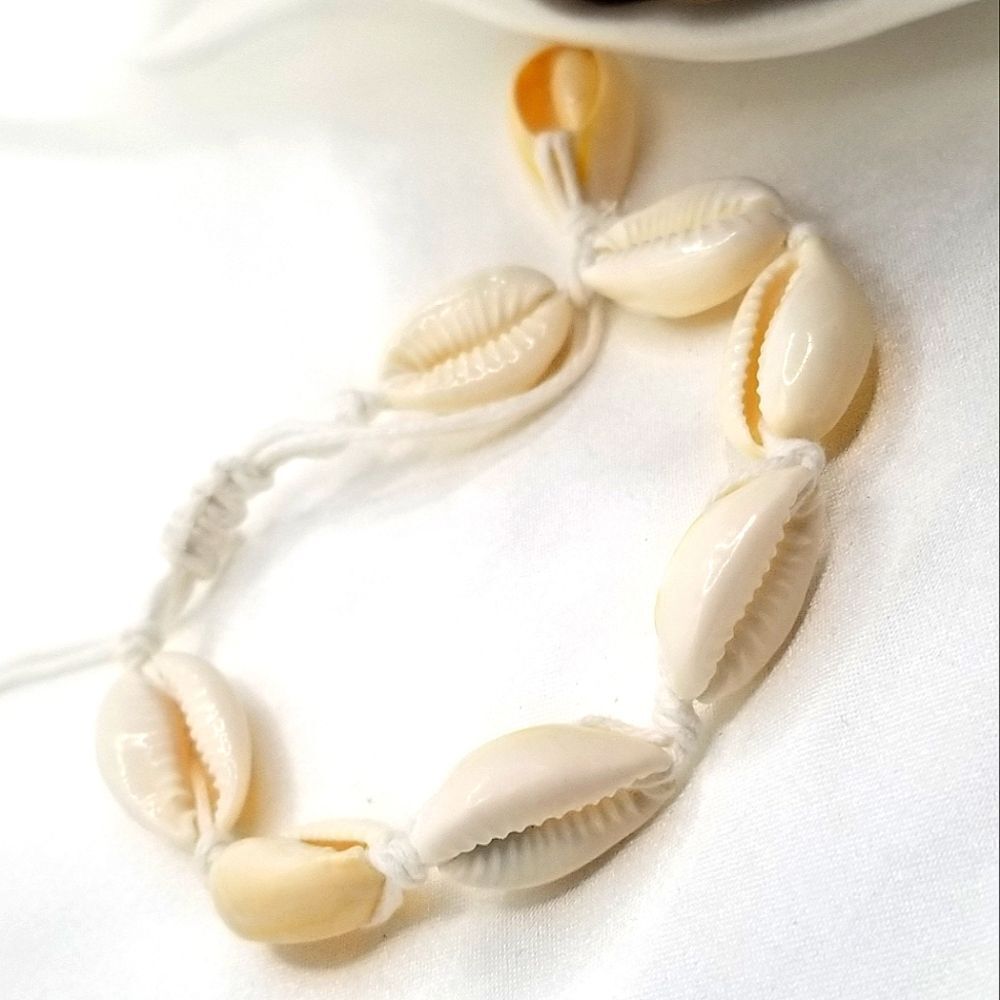 Bohemian puka cream sea shell white Rope corded cowrie ankle bracelet